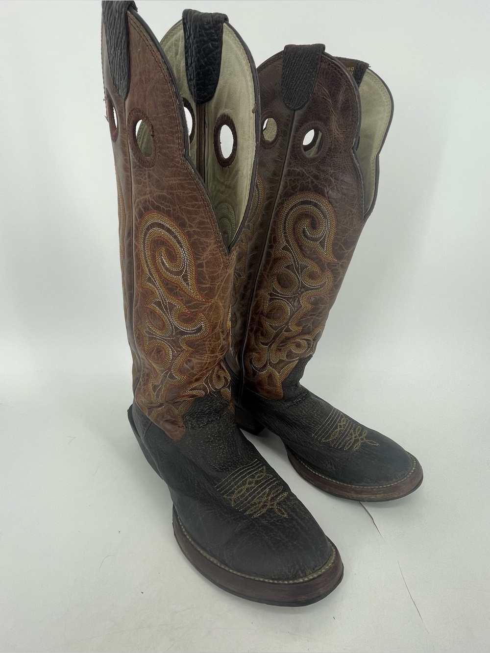 Hondo Boots Mens 10.5 D BrownBlack RoughOut Cowboy Western Square Toe